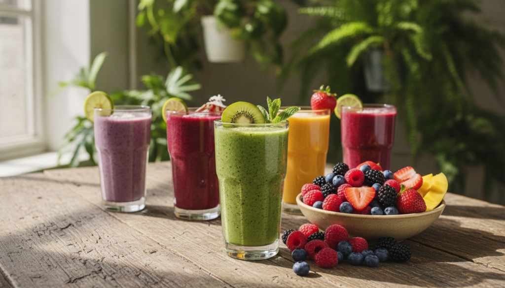 A vibrant array of healthy smoothies arranged artistically on a rustic wooden table, showcasing various colors and textures. In the foreground, a tall glass filled with a green kale and banana smoothie, garnished with a slice of kiwi and a sprig of mint. Next to it, a bowl of fresh berries and sliced fruits cascades with vibrant colors, emphasizing freshness. In the middle background, a blurred out view of lush green plants, symbolizing a healthy lifestyle. The lighting is bright and natural, streaming in from a window, casting soft shadows and enhancing the textures of the smoothies. The overall mood is refreshing and motivating, inviting viewers to imagine a journey towards wellness and weight loss.