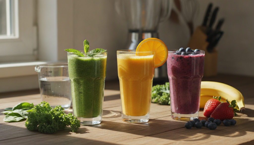 A vibrant assortment of low-calorie smoothies arranged artfully on a rustic wooden kitchen counter. In the foreground, three tall glasses showcase colorful smoothies: a green spinach and cucumber blend topped with fresh mint, a bright orange carrot and pineapple mix garnished with a slice of orange, and a rich purple berry smoothie embellished with blueberries. The middle section features a clean, organized layout of fresh fruits and vegetables scattered around, highlighting ingredients like kale, bananas, and strawberries, as well as a measuring cup. Soft, natural sunlight filters in from a nearby window, casting gentle shadows and creating a fresh, inviting atmosphere. In the background, blurred kitchen tools hint at a healthy lifestyle. The scene conveys encouragement and vitality, focusing on delicious, nutritious choices that promote weight loss.