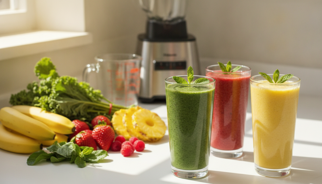 A vibrant kitchen counter filled with an array of low-calorie smoothies in colorful glasses. In the foreground, three smoothies, one green with spinach and kale, one red with strawberries and raspberries, and one yellow with pineapple and banana, garnished with fresh mint leaves. The middle layer includes fresh fruits and vegetables arranged artfully, with a blender and measuring cups in the background, showcasing a healthy lifestyle. Natural light streams through a nearby window, creating a bright and inviting atmosphere. The scene is photographed from a slightly elevated angle, emphasizing the textures of the smoothies and the freshness of the ingredients, conveying a sense of vitality and wellness.